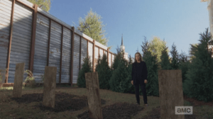 Deanna stands at the community's makeshift graveyard, presumably in front of Aiden's grave marker.
