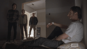 As Glenn, Carol, and Abraham stand, watching, we hear Michonne's voice ask Rick,