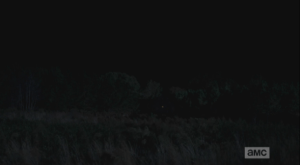 In the forest,  the men see a light of a fire burning in the distance.