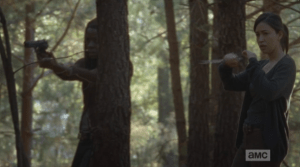 Michonne and Rosita watch, and listen, a moment more, but all is quiet...they bring their weapons down, and continue walking, cautiously, through the woods.