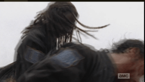 WHAM! Michonne lays down the tough love on Rick Grimes, and knocks him the fuck out.