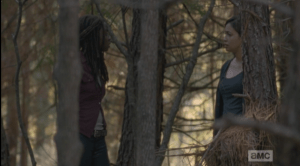 Michonne whirls and faces Rosita at this. 