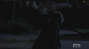 As Sasha struggles in the watchtower, You Got A Little Something On Your Face, There, Walker comes, snarling, out of the woods, turns....