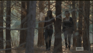 As they continue on through the woods, their breath frosting in the cold morning air, Rosita admits that this is the first time she's been out, beyond the walls, since they got to Alexandria.