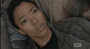 After a moment, Sasha lowers herself down until she lay on top of the pile of walkers in the pit...