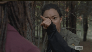 When in doubt, blame the big sister...Sasha glares at Michonne. 
