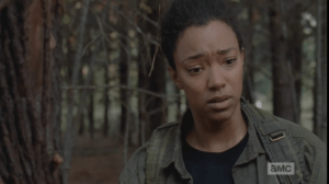 Sonequa Martin-Green plays it beautifully as Sasha silently rides out a wave of realization and sadness at this statement. Nobody says anything.  After a moment, Sasha stalks off, Rosita following her, after exchanging a last look with Michonne.