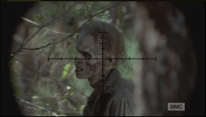 Sasha sets the walker, who ambles through the trees, unaware of her presence, in the crosshairs of her rifle's scope...