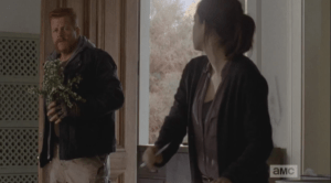 Abraham comes in, bearing flowers, to visit Tara...