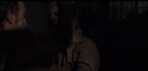 Rick is busy fighting off, stabbing the Freejack Walkers...