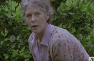 Carol, crouched behind a bush, watching...