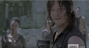 We see a close-up shot of Daryl, with Sasha in the background...it looks like they are at some kind of quarry, perhaps.