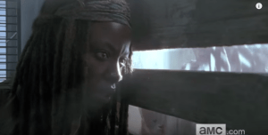 Next, we see a shot of Michonne's face as she peers through some slats...we see the shadowy movements of many figures on the other side of the barricade that Michonne is peering through...