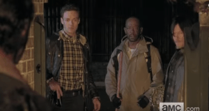 ...that horrible moment when Rick looks up from killing Pete and sees Aaron, Morgan, and Daryl standing there. Morgan looks up at Rick, stricken, manages one word,