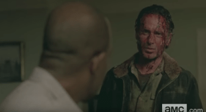 In the next shot, we see Rick, face still bloody, tell Morgan, 