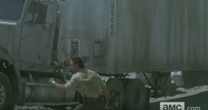 Not heeding any whiny protests, Rick-In-Charge jumps down off the big rig, screams again,