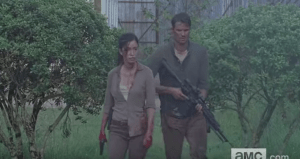 ...as Rosita and Spencer, armed with rifles, patrol the ground level...