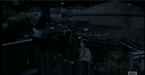 Nick and the women climb the fence into the Chans' back yard and make their way quickly through a labyrinth framework towards the house.