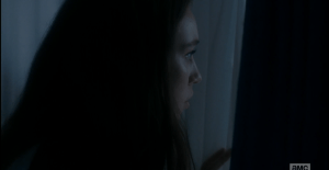 From outside, the dog begins barking again, and Alicia pulls aside the curtain and peers out the window...