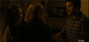 Travis, in a difficult position, asks Maddy if they can talk about this in the kitchen, but Madison stands and faces him, tells him that this thing is getting worse, not better, and they want to leave, now. Alicia echoes her mother's sentiments, and soon Travis has two Clark women giving him the biz as the others watch.