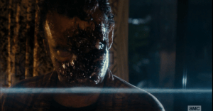 ...as Dawson B. Infected, who should have been felled, if not killed, by this shot to his face, remains standing, then slowly turns his face to the man who just shot him...