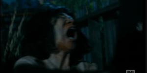 Alicia manages to break free of Susan B. Infected's grasp and sprints to the fence, trying to scramble up and over it as Susan B. Infected claws at the young woman, who kicks frantically at the frenzied she-walker.