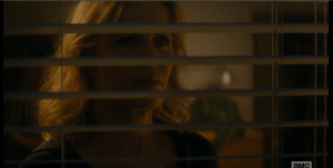 Madison looks out the window at Su Su B. Infected, still snarling and pawing through the opening in the fence.