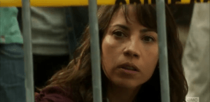 ...Liza makes her way to the front of the crowd and crouches down to get a good look through the bars of the barricade.