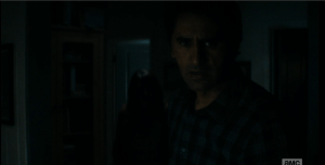 As Travis walks slowly, quietly up on Dawson B. Infected's grisly feast, the sounds coming from it are so horrible. Wet, snuffling, tearing, chewing sounds...it was shocking to me, watching this, that Travis did not grab something to arm himself at this point...