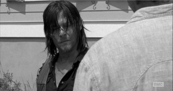 Daryl takes this in, silently, before turning away. Rick can see this doesn't sit easy with Daryl.