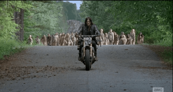 Watching this scene, I found myself wondering what Daryl would be thinking about, riding for all that time with thousands of walkers snarling on his tail, just a few yards behind him. I thought that he would be thinking of Beth, either reliving those sweet, stolen moments with her, or perhaps creating a fantasy world of the two of them, together, to help him escape the hellish world all around him.