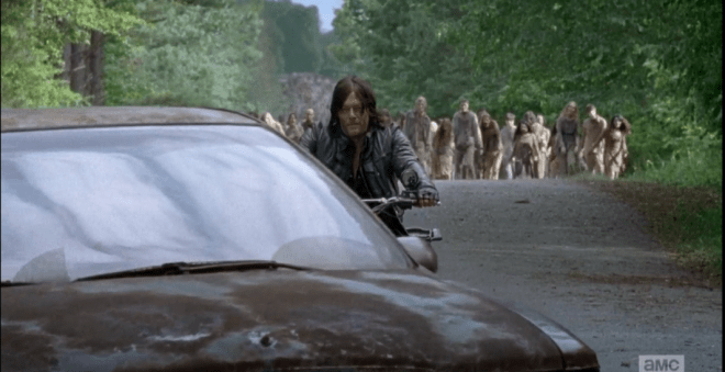 Sasha and Abraham meet up with Daryl in the Astoundingly Ugly Car.