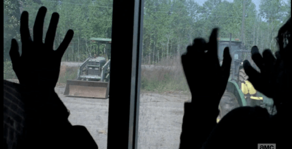 Glenn, Nicholas, and Heath have reached the tractor store, without a moment to spare. If they are too late, the noise of the tractors could distract the walker parade off the road. They must act fast.