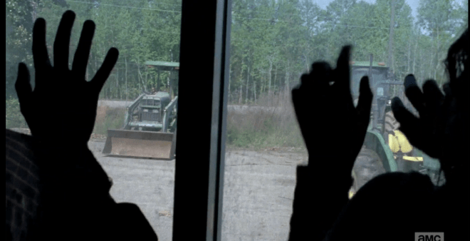 Glenn, Nicholas, and Heath have reached the tractor store, without a moment to spare. If they are too late, the noise of the tractors could distract the walker parade off the road. They must act fast.