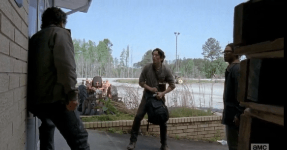 Glenn comes up with a plan, for Nicholas to man the door, let out a couple of walkers from inside the store at a time, so Glenn and Heath can take them as they come out. Heath is unsure of this...what if Nicholas can't shut the door, hold them off? Glenn tells him then, they take them on...at Heath's 