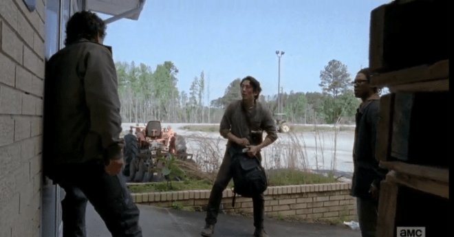 Glenn comes up with a plan, for Nicholas to man the door, let out a couple of walkers from inside the store at a time, so Glenn and Heath can take them as they come out. Heath is unsure of this...what if Nicholas can't shut the door, hold them off? Glenn tells him then, they take them on...at Heath's