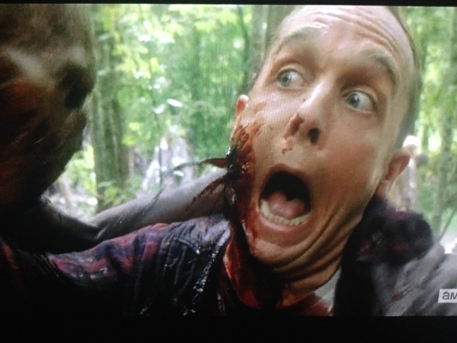 So gnarly! (On a funnier note, Greg Nicotero said later on Talking Dead that the effects crew guy in charge of pumping the blood from actor Ethan Embry's fake facial wound had to stomp on the pedal pump to try to dislodge a clog in the line, sending a spray of fake blood gushing out like totally horizontal...this sight gag take was sent around, to much hilarity, among the TWD cast and crew.)