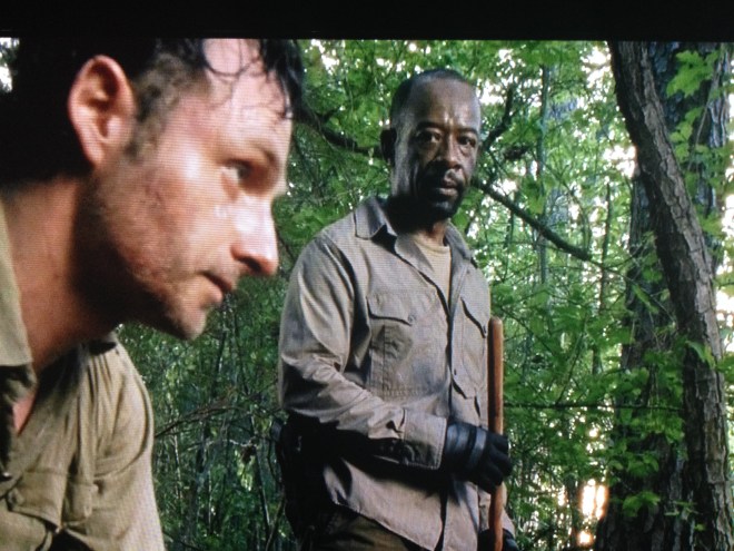 Once again, Rick looks up from killing a man, to see Morgan there, looking all judgy and horrified. It's like, What? He was fucking bitten, and he was fucking screaming, and there are like a million fucking walkers out there. Sue me.