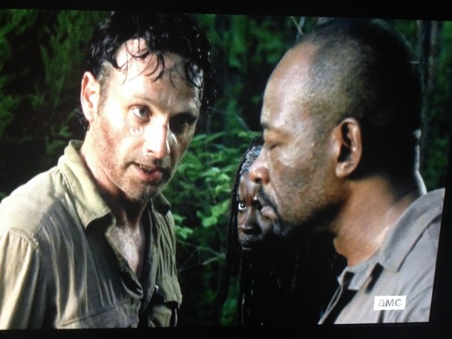 Rick comes to Morgan, and it's basically back to business, because it has to be. They need to make sure those walkers make it to the point where Daryl, Sasha, and Abraham continue on with the herd, draw them out 20 miles. Rick tells Morgan to go and tell the others, that they need to know about Carter. Morgan tries to tell Rick something, but Rick shuts it down. It's irella.