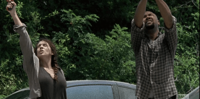 Two other Newbies fire flares up into the air to keep the walkers coming towards their lead as Rick-In-Charge reviews the plan,