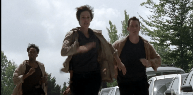 We see the newbies running while Rick-In-Charge's voice instructs over the radio,
