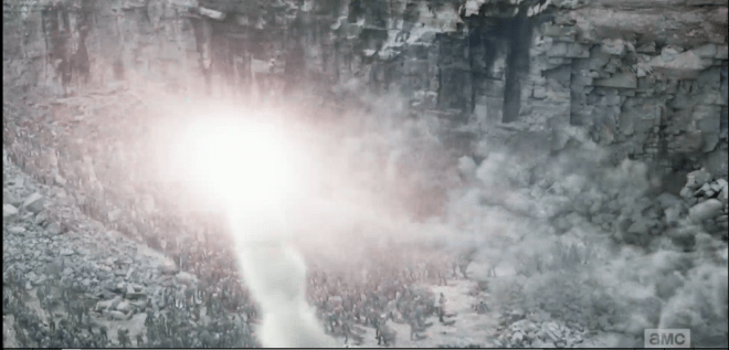 At Rick's command, one, two, three flares go up, diverting the walker horde's attention towards them...