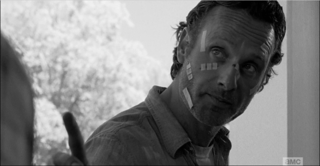 Rick Grimes shuts down Carter's whining by telling him that he, Carter, a.k.a. Construction Dick, better help make sure that barrier holds against the walkers.