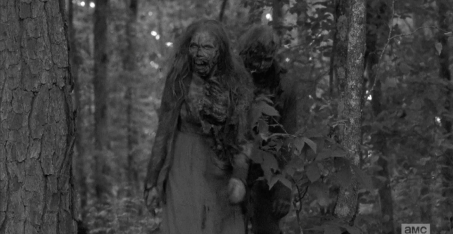 And, case in point, the Perfect Timing Walkers make their appearance through the woods, coming towards Carter and others.