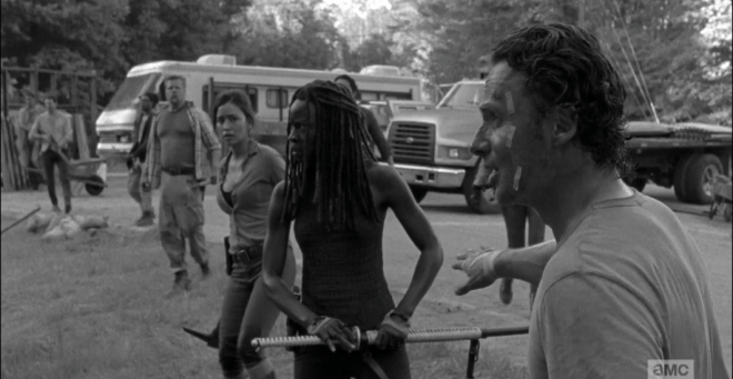Rick tells them to use their shovels, that guns will draw too much attention from other nearby walkers.