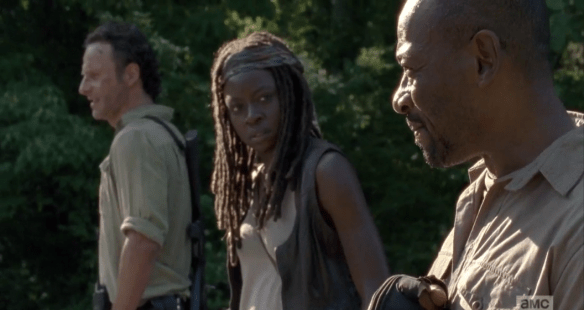 As they stand there, Michonne looks over at Morgan, as if waiting for him to say something, and he does. 