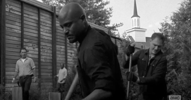 Snarky Rick comes up on Gabriel and Tobin, digging the graves for Reg's and Pete's bodies...and of course, Snarky Rick ain't having it. No murderers get to rest underground within the precious real estate within Alexandria's walls.