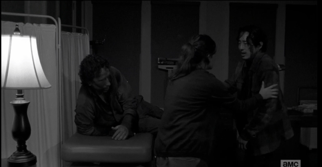 Glenn and Nicholas come stumbling in...this was right after Nicholas shot Glenn, they fought, Glenn almost killed-then-forgave Nicholas scene in the woods.