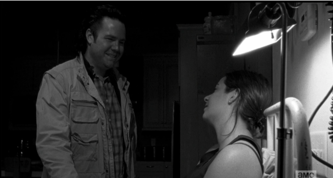 As Eugene keeps looking down, smiling at her, Tara says,