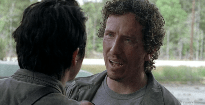 Nicholas offers to help, cutting the walkers to four each, but Glenn is having none of it. He hands Nicholas the radio, instructs him to radio Rick if this goes south, and lead the tractor store walkers away.